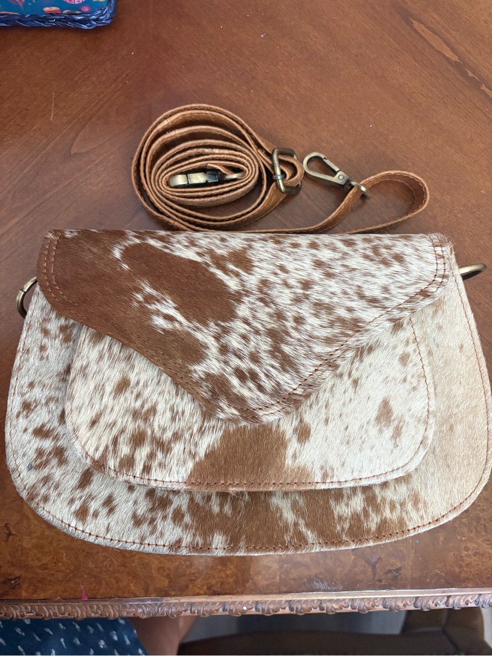 Brown and White Cowhide Crossbody Bag - Haircalf Leather